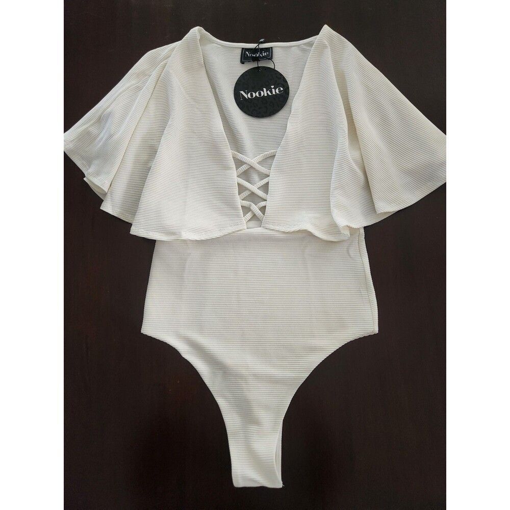 NWT Nookie Revolve White Bodysuit VNeck Sexy One Piece Short Sleeve XS